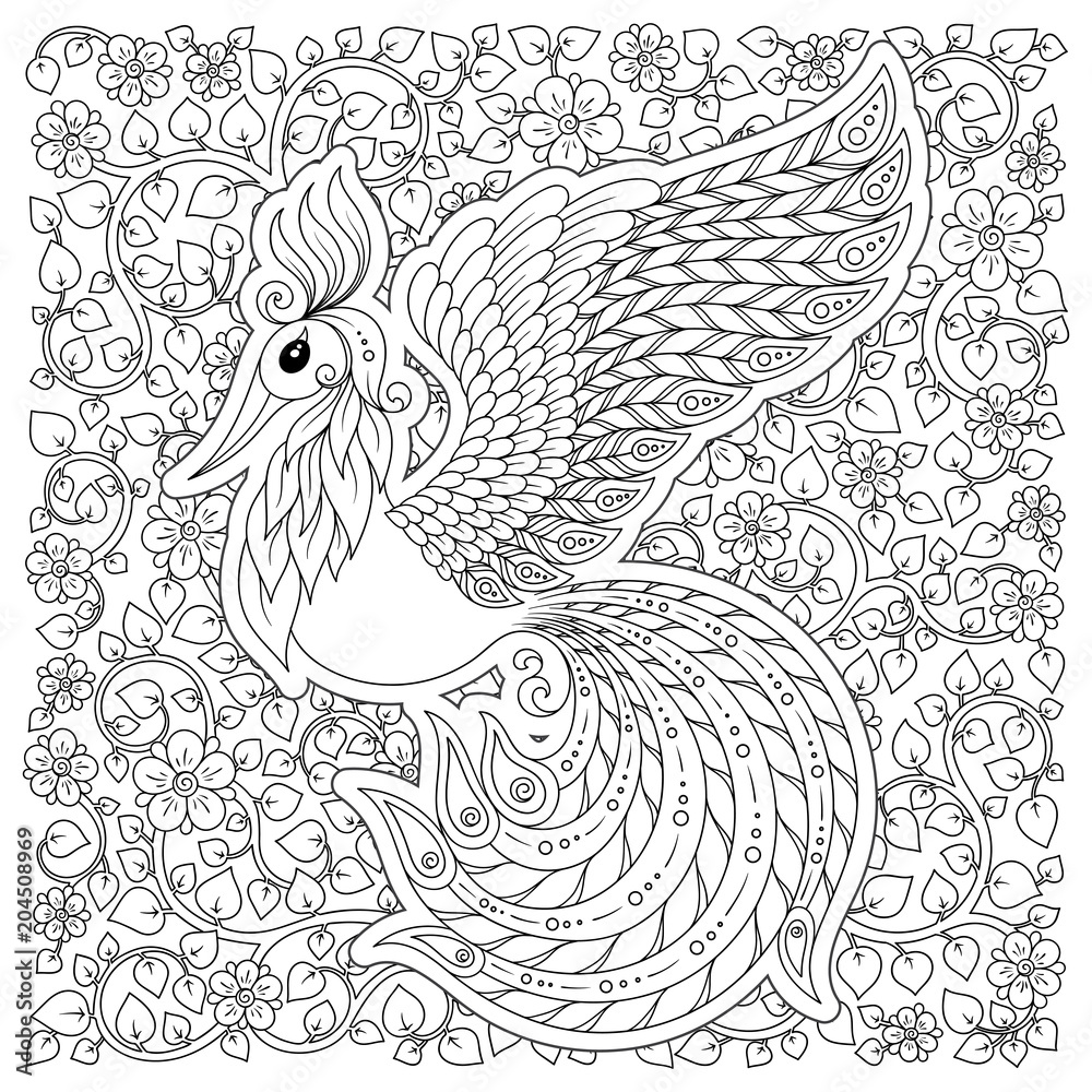 Fototapeta premium Firebird for anti stress Coloring Page with high details.