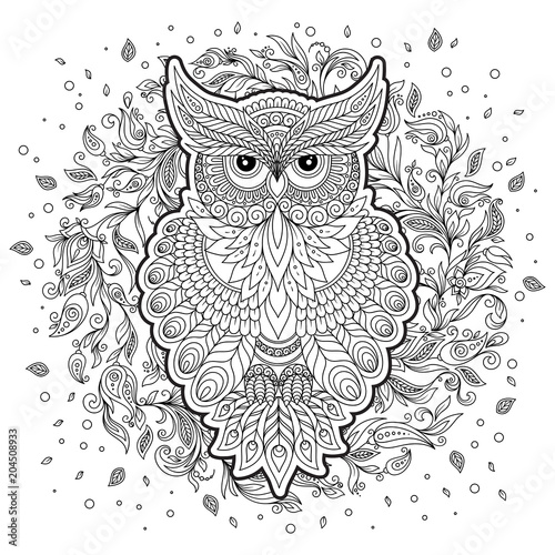 Coloring page with cute owl and floral frame.