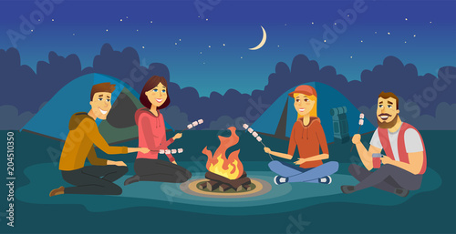 Friends on a camp - cartoon people character illustration