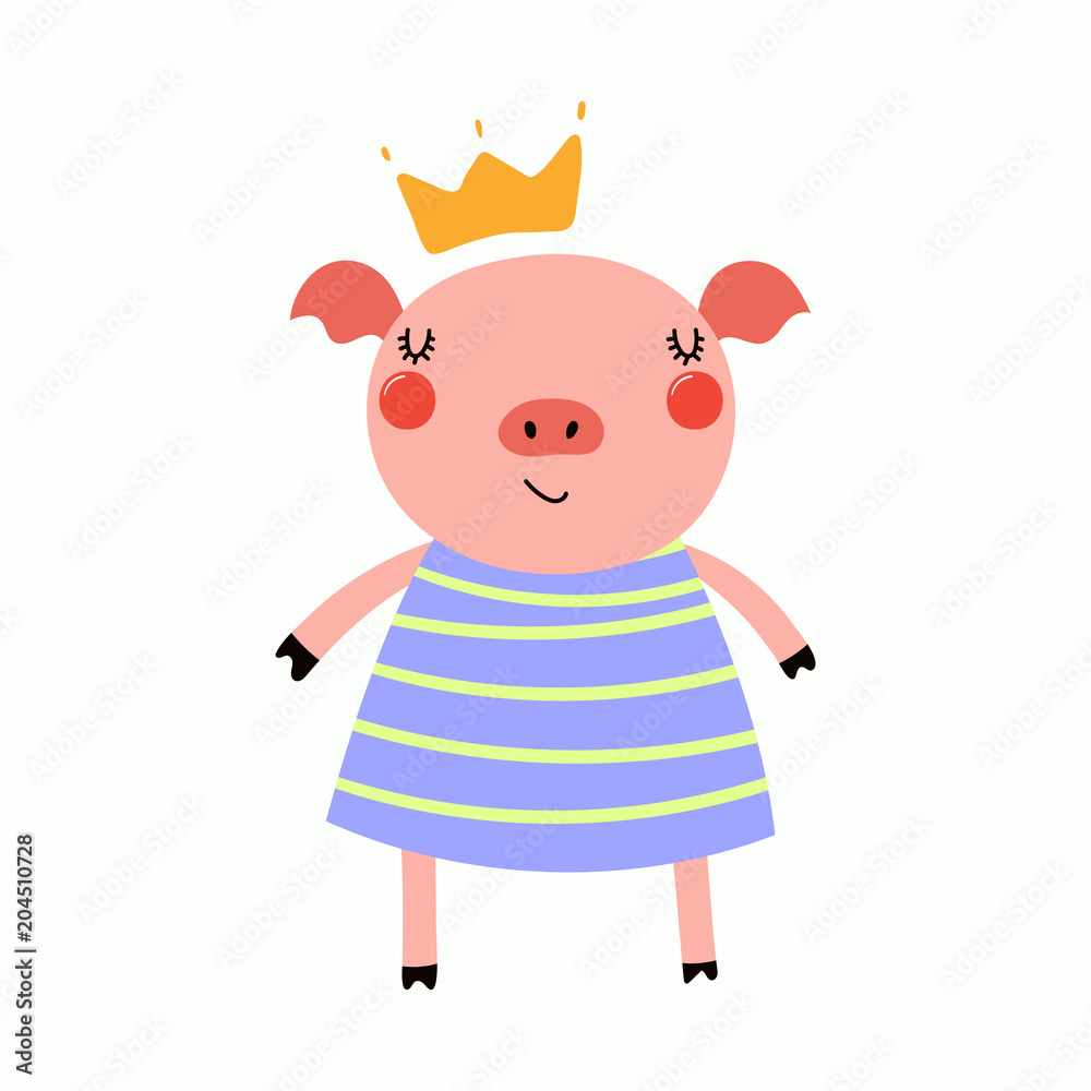 Hand drawn vector illustration of a cute funny piggy girl in a dress and crown. Isolated objects. Scandinavian style flat design. Concept for children print. Hand drawn vector illustration of a cute funny piggy girl in a dress and crown. Isolated objects. Scandinavian style flat design. Concept for children print.