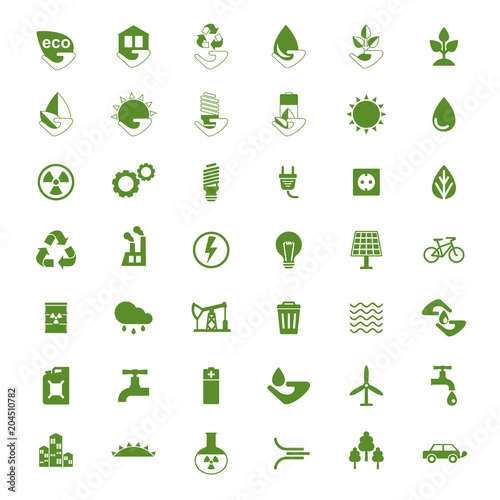 Set of eco icons. Problems of ecology and environment, renewable energy, eco friendly industry.