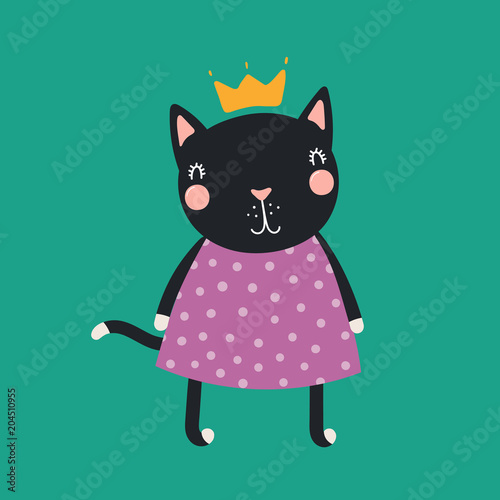Hand drawn vector illustration of a cute funny cat girl in a dress and crown. Isolated objects. Scandinavian style flat design. Concept for children print.