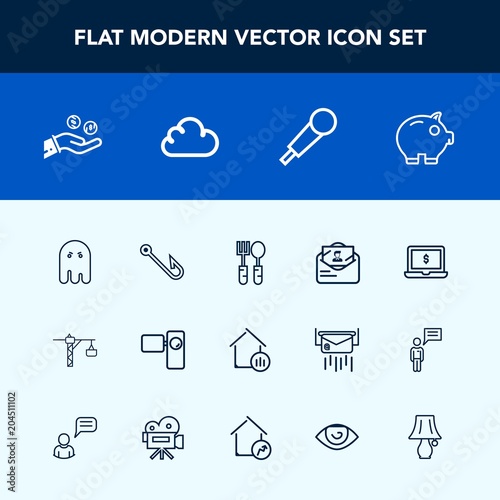 Modern, simple vector icon set with envelope, cash, finance, screen, scary, house, post, fish, horror, camera, fear, hand, real, spoon, sound, property, hook, bank, construction, tripod, movie icons