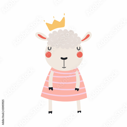 Hand drawn vector illustration of a cute funny sheep girl in a dress and crown. Isolated objects. Scandinavian style flat design. Concept for children print.
