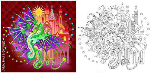 Colorful and black and white pattern for coloring. Illustration of fantasy dragon in fairyland kingdom. Worksheet for children and adults. Vector image.