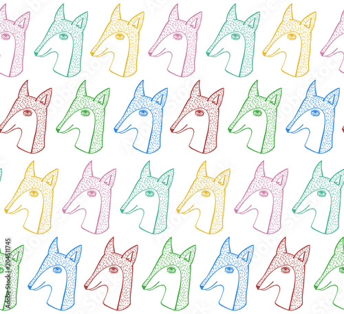 Fox head colorful line sketchy seamless vector pattern