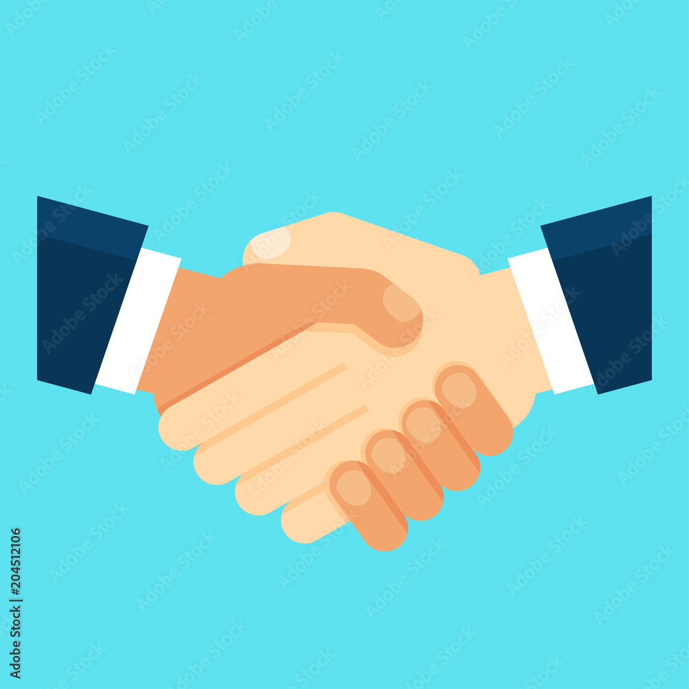 Handshake of business partners. Symbol of reaching an agreement, success and cooperation. Flat vector cartoon illustration. Objects isolated on a blue background. Handshake of business partners. Symbol of reaching an agreement, success and cooperation. Flat vector cartoon illustration. Objects isolated on a blue background.