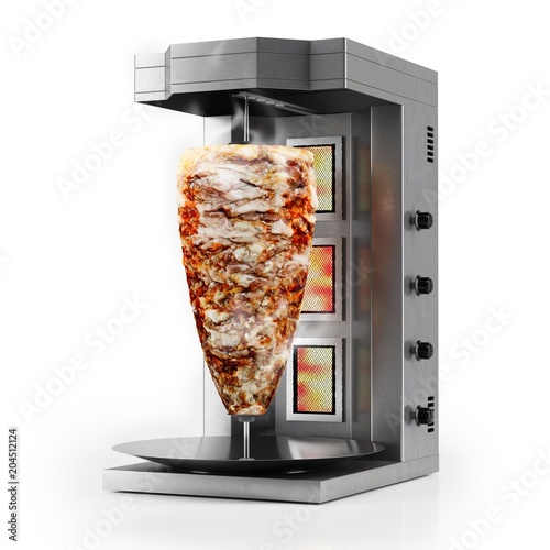 3d shawarma grill machine with chicken meat, on white background photo