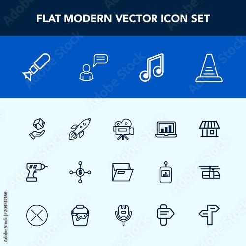 Modern, simple vector icon set with package, dollar, bomb, money, step, work, house, file, science, tripod, drill, laptop, falling, launch, screen, office, machine, folder, ladder, blank, weapon icons