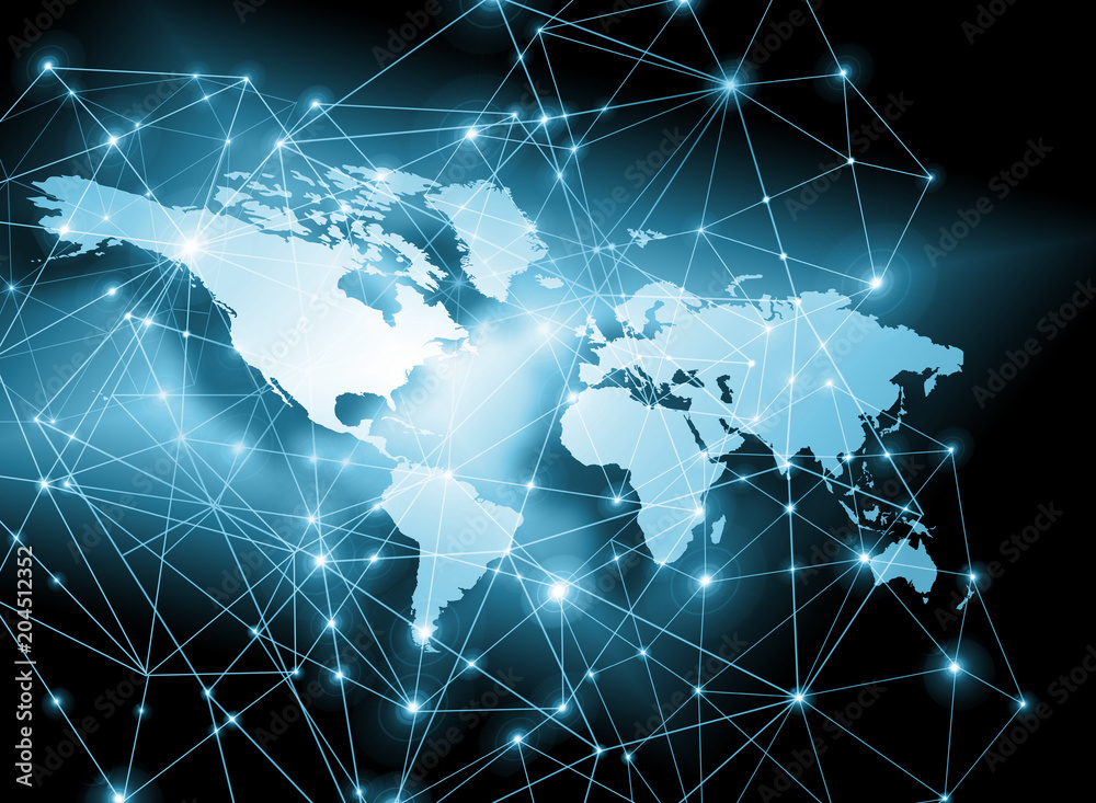 World map on a technological background, glowing lines symbols of the Internet, radio, television, mobile and satellite communications. World map on a technological background, glowing lines symbols of the Internet, radio, television, mobile and satellite communications.