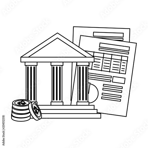 bank building with coins and documents vector illustration design