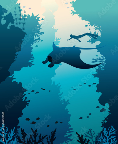 Vector illustration with mantas, freediver and corals.