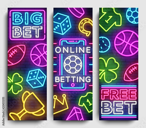 Sports betting vertical banner vector design template. Neon Signs, Light Banner, Bright Night Neon Advertising Bets, Gambling, Casinos. Vector illustration