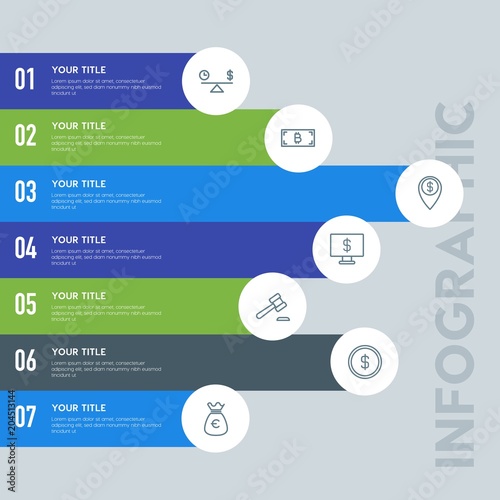 Flat business, money, email infographic steps template with 7 options for presentations, advertising, annual reports.