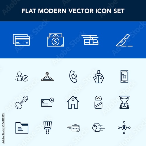 Modern, simple vector icon set with ship, telephone, hanger, lock, debit, clothing, doctor, medical, technology, clothes, train, boat, phone, sea, transportation, house, fashion, account, blue icons