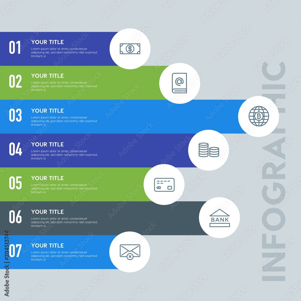 Flat business, money, email infographic steps template with 7 options for presentations, advertising, annual reports. Flat business, money, email infographic steps template with 7 options for presentations, advertising, annual reports.