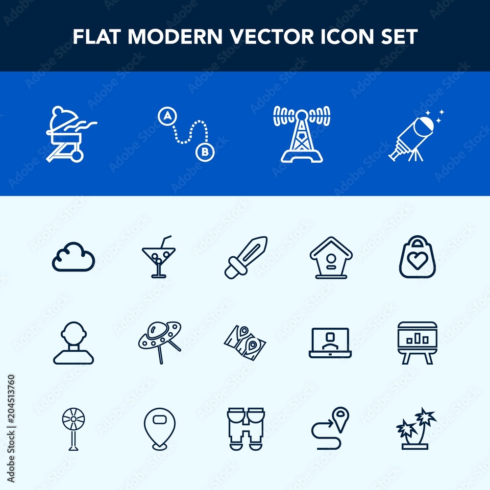 Modern, simple vector icon set with wooden, pin, blade, medieval, astronomy, fashion, male, radio, road, home, space, style, object, summer, bird, weapon, cooking, grill, night, juice, cloud icons