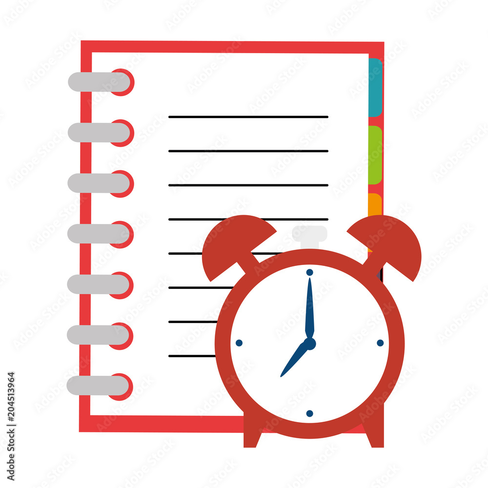 notebook school with alarm clock vector illustration design