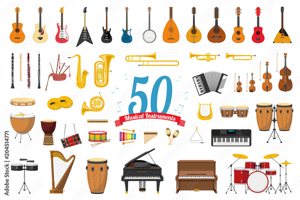 Naklejka premium Wektor zestaw ilustracji 50 instrumentów muzycznych w stylu kreskówka na białym tle