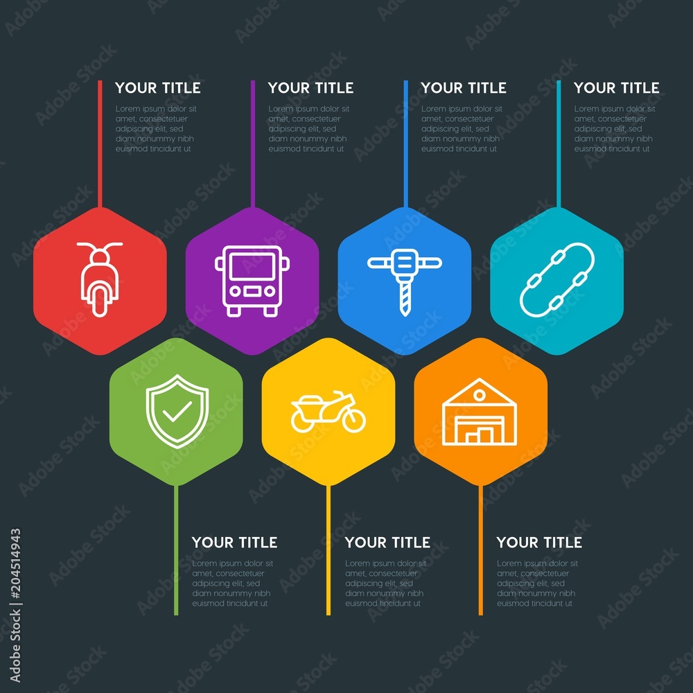 Flat geometric transports, industry, shopping infographic steps template with 7 options for presentations, advertising, annual reports Flat geometric transports, industry, shopping infographic steps template with 7 options for presentations, advertising, annual reports