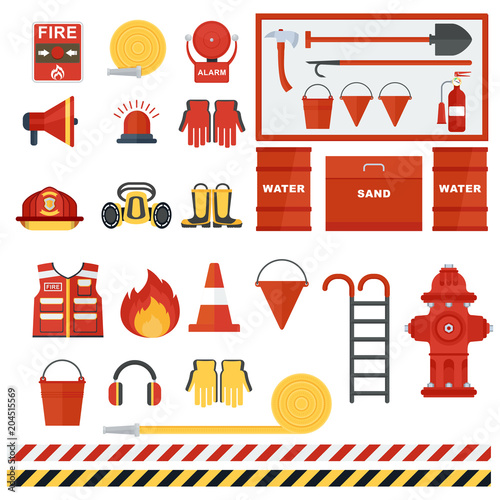 Set of fire equipment. Vector fire man tools . Flat cartoon fire equipment objects isolated on white background. Fire safety objects.