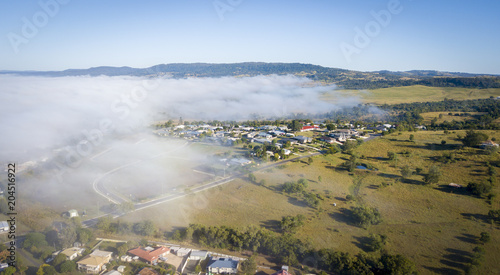 Aerial drone view of a foggy morning in the Scenic Rim, Queensland, Australia