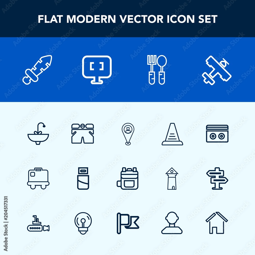 Modern, simple vector icon set with travel, wear, audio, modern, bag, shorts, knight, weapon, location, cable, flight, tap, plane, spoon, airport, bathroom, step, backpack, water, up, usb, pin icons