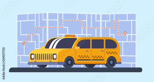 Taxi minivan car with map and way on background. Geolocation marker with route.