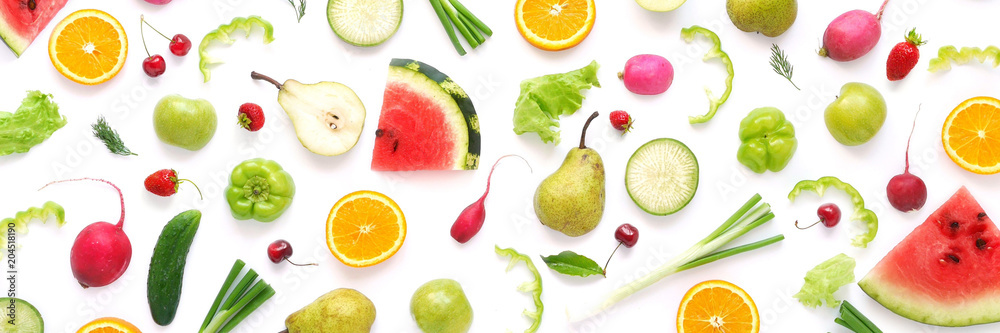 Various vegetables and fruits isolated on white background, top view, flat layout. Concept of healthy eating, food background. Various vegetables and fruits isolated on white background, top view, flat layout. Concept of healthy eating, food background.