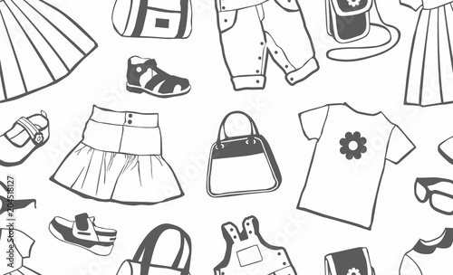 girls clothes and accessories, shoes, seamless pattern. female clothing on white background 