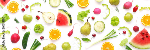 Various vegetables and fruits isolated on white background, top view, flat layout. Concept of healthy eating, food background.