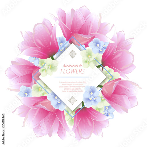 Vector round banner with violets, tulips flowers. Modern floral pattern for greeting card or wedding invitation.