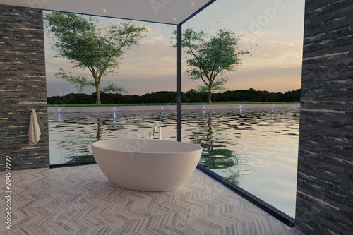 Badezimmer als Aussichtsplattform mit freistehender Badewanne vor See und Bäumen. 3D Rendering photo