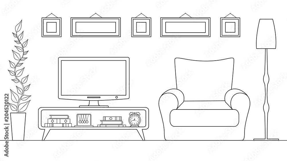 Linear interior. Design and decoration of the TV zone. Plan for arranging furniture. Linear interior. Design and decoration of the TV zone. Plan for arranging furniture.