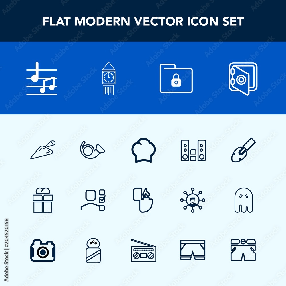 Modern, simple vector icon set with folder, food, player, note, present, construction, office, shovel, safe, package, sound, fire, equipment, gift, cook, plan, lock, ben, security, business, box icons Modern, simple vector icon set with folder, food, player, note, present, construction, office, shovel, safe, package, sound, fire, equipment, gift, cook, plan, lock, ben, security, business, box icons