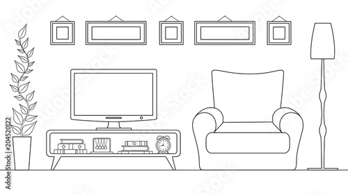 Linear interior. Design and decoration of the TV zone. Plan for arranging furniture.