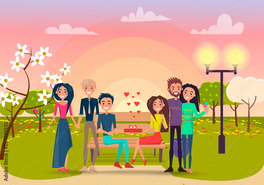 Happy cartoon Couples in Park at Sunset Illustration Happy cartoon Couples in Park at Sunset Illustration