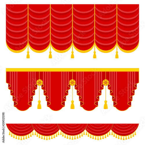 Lambrequin, pelmet for the red curtains of a theatrical scene in a concert hall, opera or ballet. Flat vector cartoon illustration. Objects isolated on a white background.