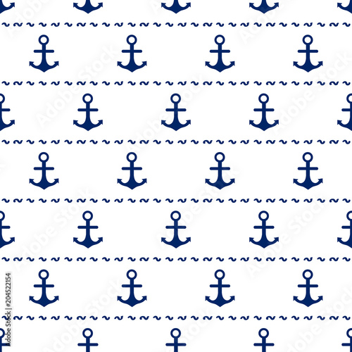 Seamless pattern with the blue anchor on the white background.