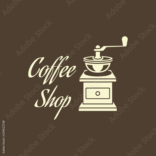 Coffee shop logo - vector illustration, emblem. Flat Design on brown background. Coffee grinder icon. Suitable for logotype for coffeine, cafe, coffe house