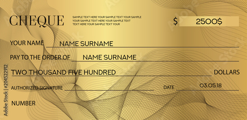 Check (cheque), Chequebook template. Lines pattern (watermark, lines). Gold background for ticket, Voucher, Gift certificate, Coupon, banknote, money design, currency, bank note, check (cheque)