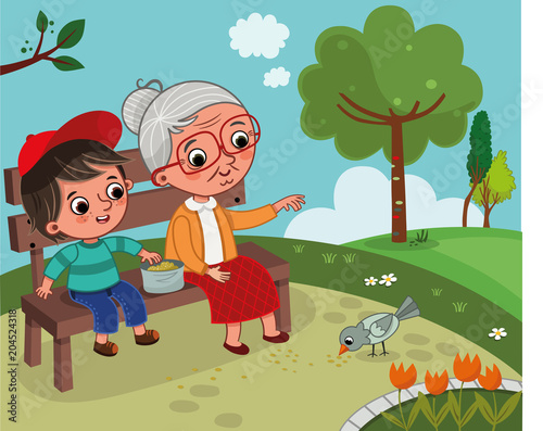 Grandmother and grandson are in the nature. They are sitting on a bench in the park and feeding a bird. Vector illustration.
