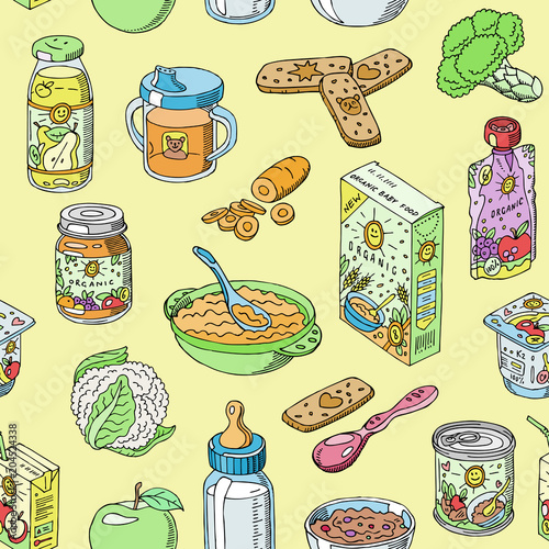 Baby food vector child healthy nutrition and vegetable mashed puree in jar illustration set of fresh juice with fruits apples for childcare health seamless pattern background