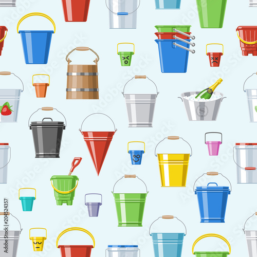 Bucket vector bucketful or wooden pailful and kids plastic pail for playing empty or with water bucketing down in garden and bitbucket for gardening set illustration seamless pattern background photo
