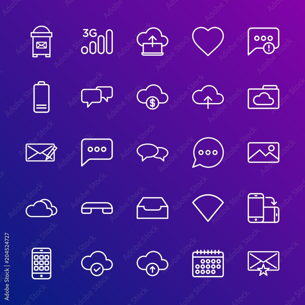 Modern Simple Set of cloud and networking, chat and messenger, mobile, email Vector outline Icons. Contains such Icons as alert, phone and more on gradient background. Fully Editable. Pixel Perfect. Modern Simple Set of cloud and networking, chat and messenger, mobile, email Vector outline Icons. Contains such Icons as alert, phone and more on gradient background. Fully Editable. Pixel Perfect.