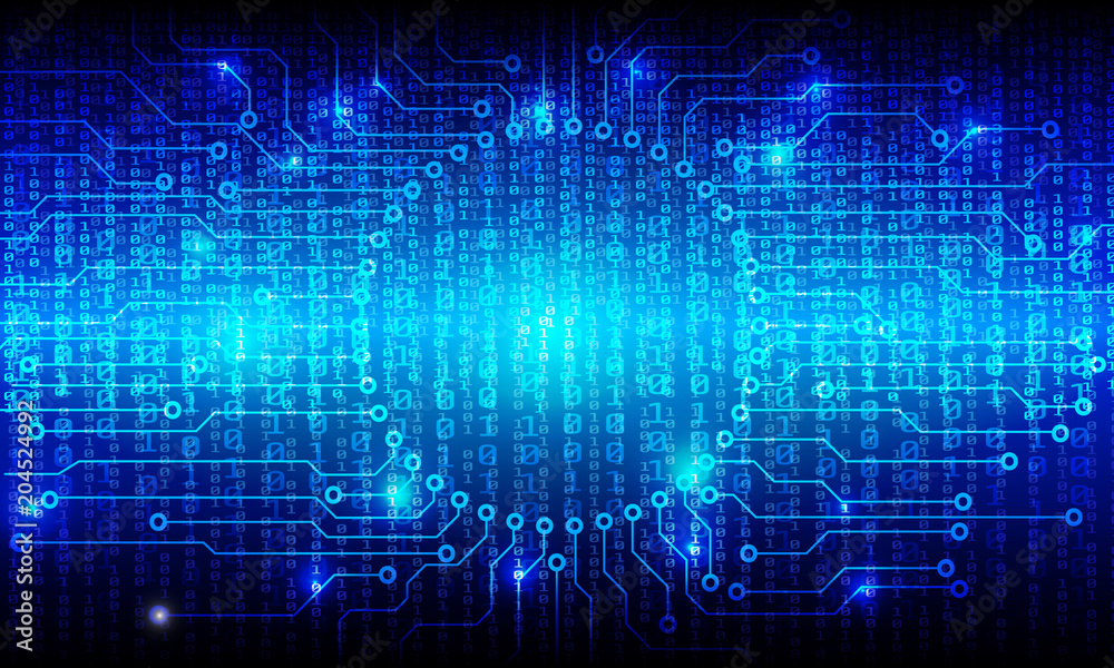 Obraz premium Circuit Board With Binary Code Vector Background. Blue Future Hi Tech Abstract Circle Pad Information Protection Concept Illustration.