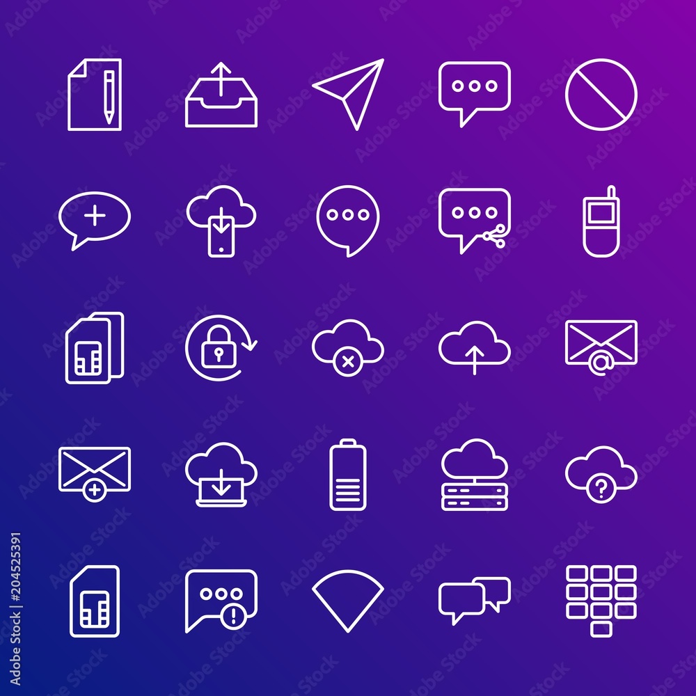 Modern Simple Set of cloud and networking, chat and messenger, mobile, email Vector outline Icons. Contains such Icons as message, chat and more on gradient background. Fully Editable. Pixel Perfect. Modern Simple Set of cloud and networking, chat and messenger, mobile, email Vector outline Icons. Contains such Icons as message, chat and more on gradient background. Fully Editable. Pixel Perfect.