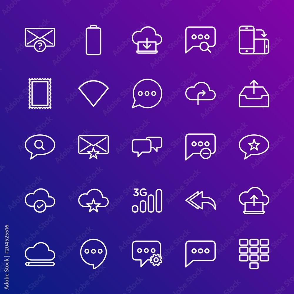 Modern Simple Set of cloud and networking, chat and messenger, mobile, email Vector outline Icons. Contains such Icons as phone, web and more on gradient background. Fully Editable. Pixel Perfect. Modern Simple Set of cloud and networking, chat and messenger, mobile, email Vector outline Icons. Contains such Icons as phone, web and more on gradient background. Fully Editable. Pixel Perfect.