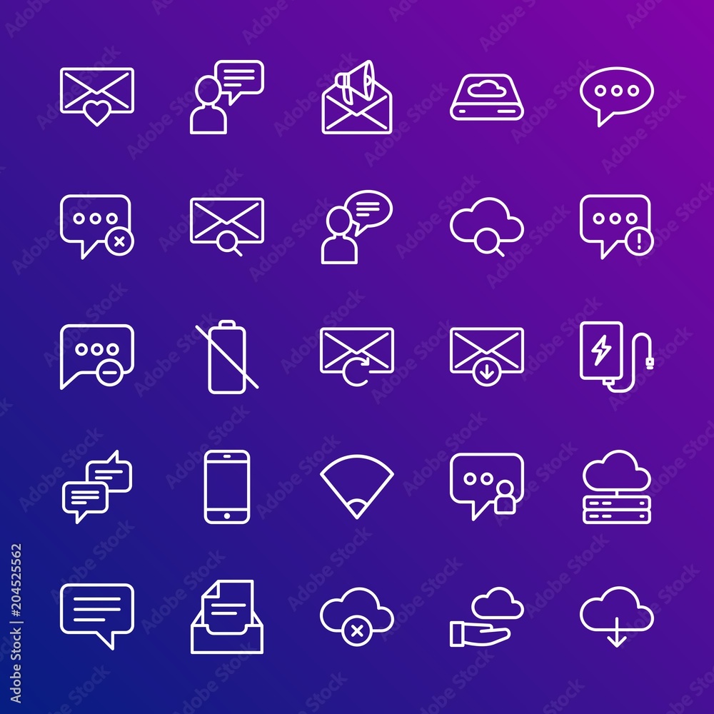 Modern Simple Set of cloud and networking, chat and messenger, mobile, email Vector outline Icons. Contains such Icons as chat, phone and more on gradient background. Fully Editable. Pixel Perfect. Modern Simple Set of cloud and networking, chat and messenger, mobile, email Vector outline Icons. Contains such Icons as chat, phone and more on gradient background. Fully Editable. Pixel Perfect.