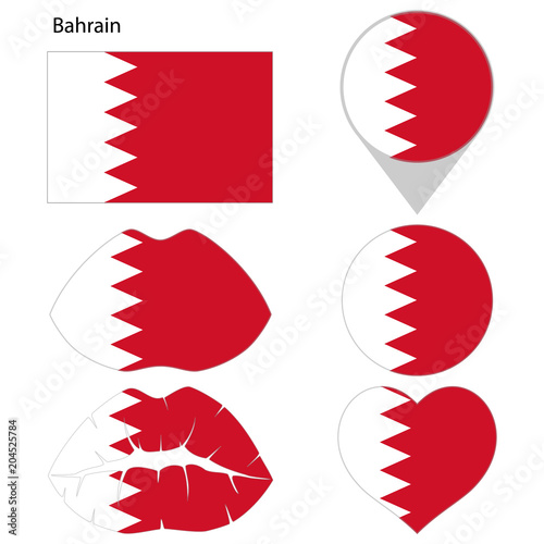 Flag of Bahrain, set. Correct proportions, lips, imprint of kiss, map pointer, heart, icon. Abstract concept. Vector illustration on white background.